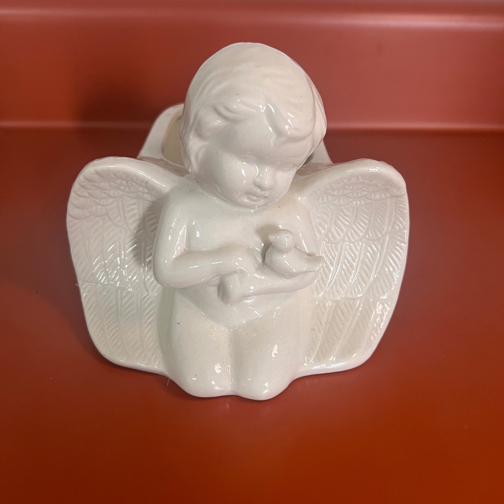 Vintage White Ceramic Cherub Angel Planter Kneeling with Bird Figurine